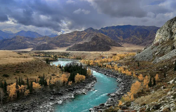 Осень, облака, деревья, горы, река, горизонт, Кузнецов Андрей, осенняя Катунь
