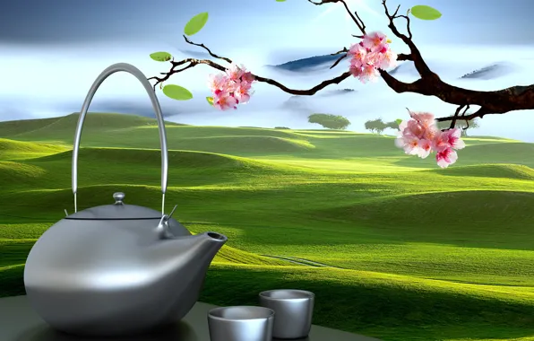 Сакура, чайник, чашки, Восточные пейзажи