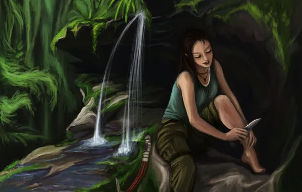 Картинка вода, лицо, водопад, арт, нож, Tomb Raider, ножка, Lara Croft