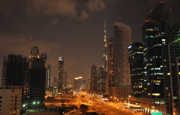 Картинка ночь, город, фото, дороги, небоскребы, фонари, Dubai, Объединённые Арабские Эмираты