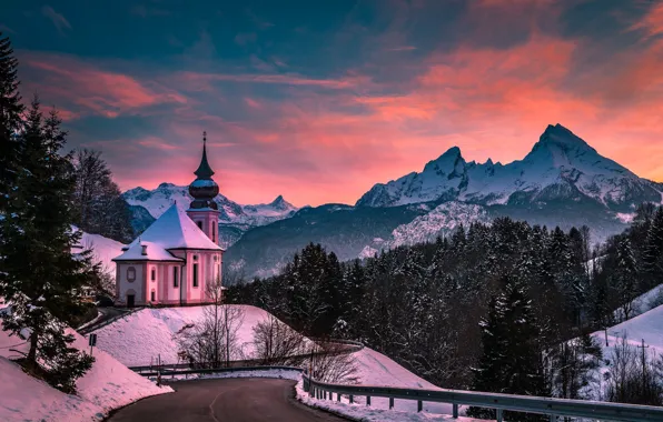 Зима, дорога, лес, горы, Германия, Бавария, церковь, Germany