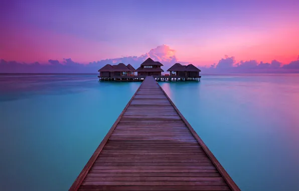 Закат, океан, пирс, курорт, бунгало, Maldives, Per Aquum, Fushi
