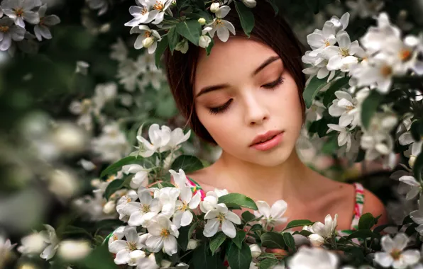 Девушка, цветы, лицо, весна, цветение, Renat Fotov