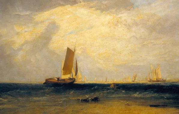 Картинка лодка, картина, парус, морской пейзаж, Уильям Тёрнер, Fishing upon the Blythe-Sand