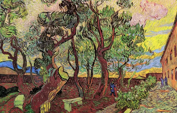 Картинка деревья, люди, лавочка, Винсент ван Гог, Hospital 4, The Garden of Saint-Paul