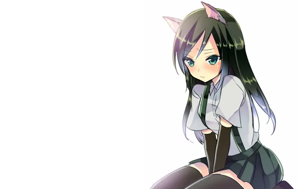 Girl, blouse, thighhighs, green eyes, long hair, anime, beautiful, pretty