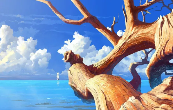 Картинка море, ветки, дерево, корабль, парусник, арт, ствол, солнечно