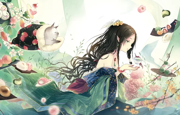 Кот, цветы, чай, еда, Девушка, кимоно
