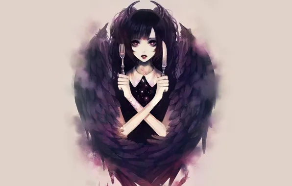 Картинка девушка, крылья, нож, рога, Демон, вилка