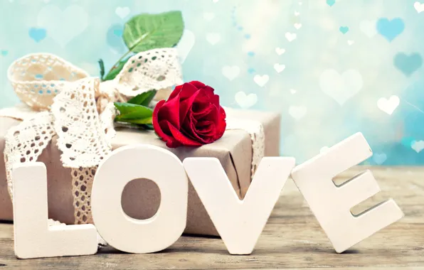 Любовь, буквы, подарок, роза, День Святого Валентина