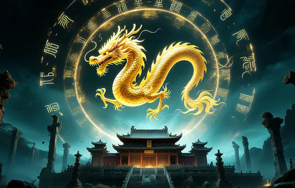 Dragon, city, chinese, fantasy