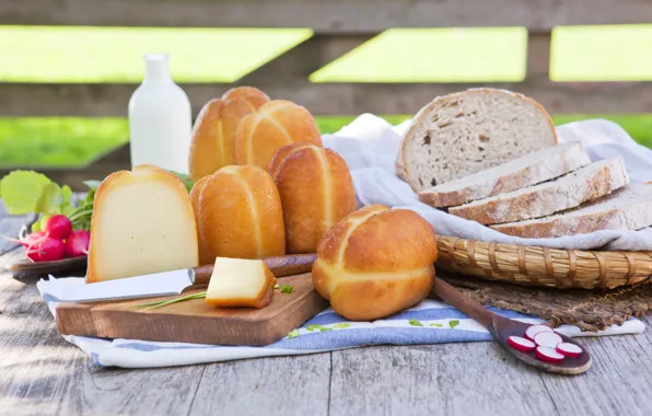 Картинка зелень, стол, корзина, сыр, молоко, хлеб, нож, салфетка