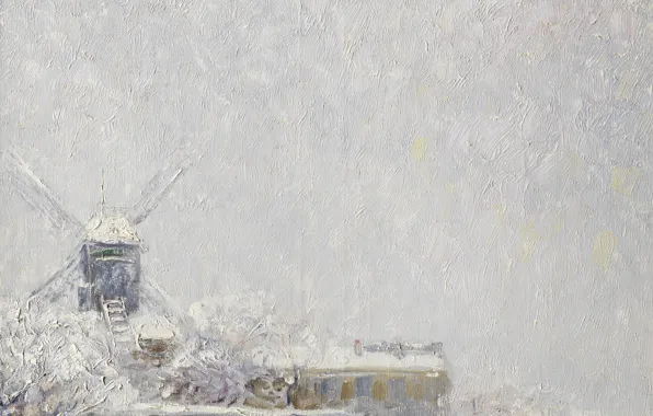 Картинка зима, масло, мельница, холст, Kees van Dongen, Мулен де ла Галетт под снегом, 1904-1905