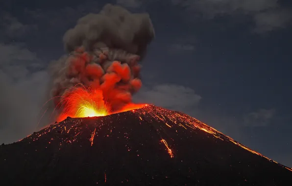 Вулкан, Индонезия, извержение, остров Анак-Кракатау
