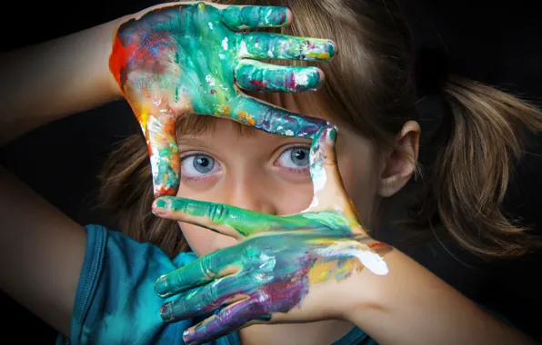 Eyes, hand, little girl, fingers, Painting