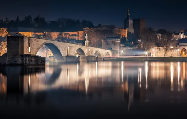 Картинка ночь, огни, отражение, Франция, река Рона, Авиньон, мост Сен-Бенезе