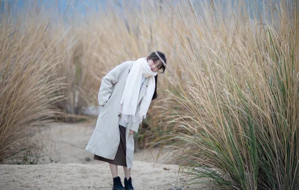 Grass, Beautiful, Asian, Model, Smile, Woman, Cute, Jacket