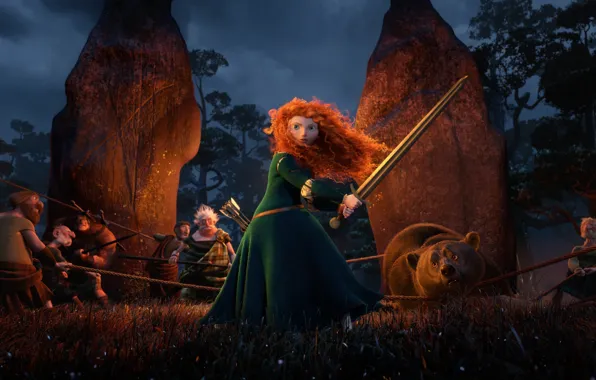 Картинка мультфильм, Шотландия, медведь, воин, лучница, Disney, Pixar, Пиксар