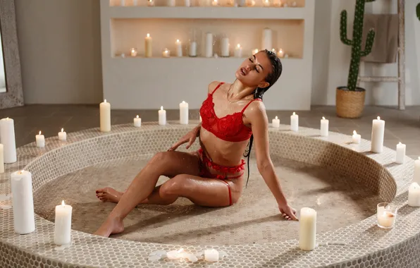 Lingerie, bra, panties, model, women, brunette, candles, red lingerie