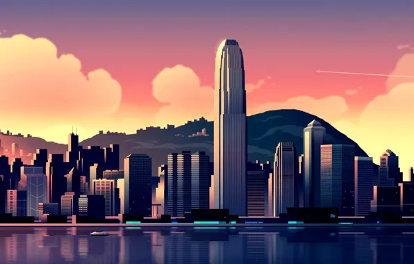 Картинка небо, облака, пейзаж, горы, побережье, дома, Гонконг, залив