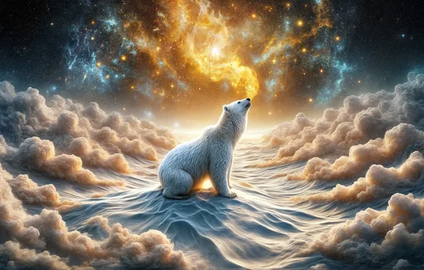 Космос, облака, ночь, поза, медведь, белый медведь, ИИ-арт, нейросеть