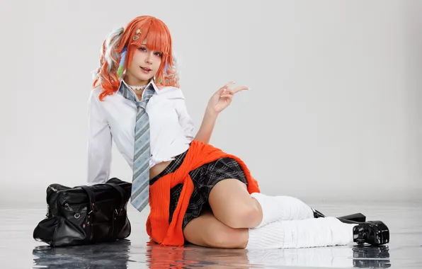 Картинка women, tie, Jean WanWan, model, cosplay, red eyes, Takanashi Kiara, Virtual Youtuber