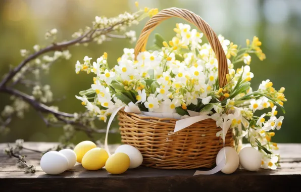 Свет, цветы, ветки, природа, праздник, яйца, букет, весна