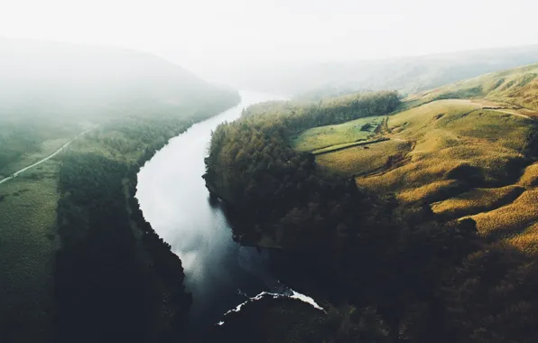 Картинка лес, свет, река, холмы