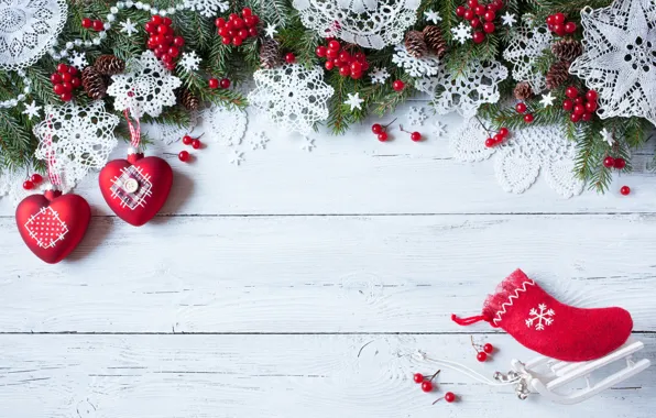 Картинка украшения, снежинки, ягоды, елка, Новый Год, Рождество, сердечки, Christmas