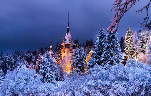 Картинка зима, лес, вечер, Румыния, Синая, замок Пелеш