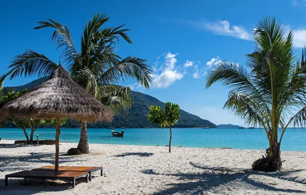 Песок, пляж, пальмы, зонтик, океан, Таиланд, Thailand, Sunrise Beach