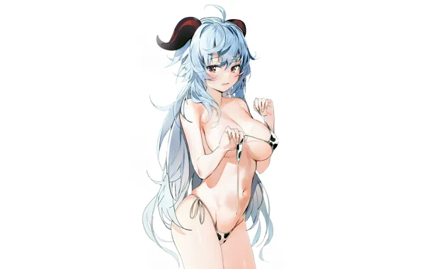 Girl, sexy, cleavage, horns, long hair, boobs, anime, beautiful