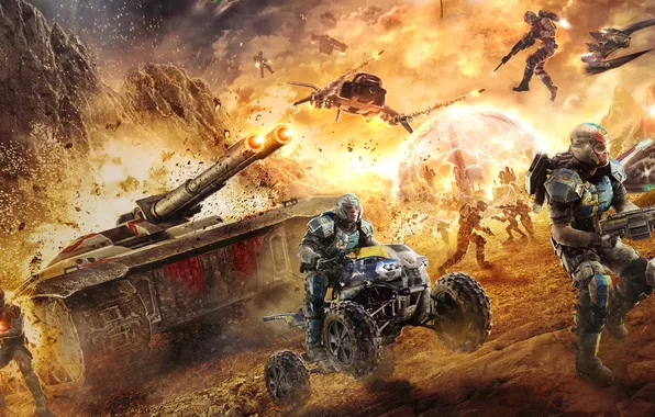 Война, солдаты, танк, квадроцикл, будущие, PlanetSide 2