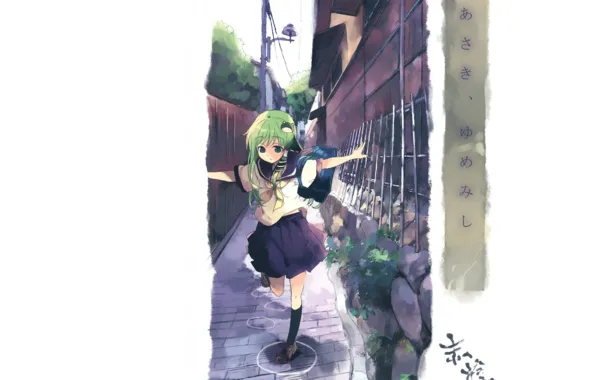 Улица, забор, столб, белый фон, школьница, сумка, матроска, touhou projeck