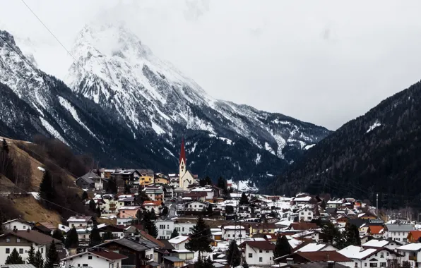 Картинка зима, снег, горы, Австрия, деревня, церковь, Долина, линии электропередачи