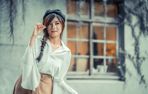 Позитив, окно, очки, азиатка, жест, window, asian, glasses