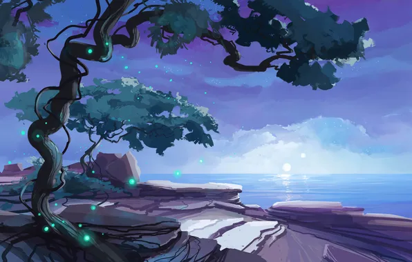 Море, ночь, дерево, луна, арт, нарисованный пейзаж