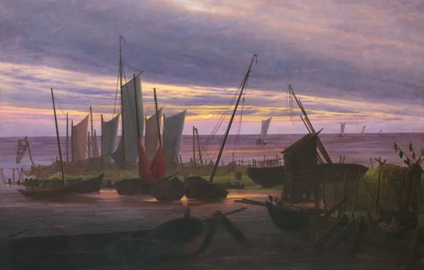 Картинка картина, парус, морской пейзаж, Каспар Давид Фридрих, Лодки в Гавани Вечером