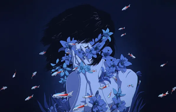 Цветы, Девушка, Минимализм, Синий, Рыбка, Girl, Fish, Рыбки