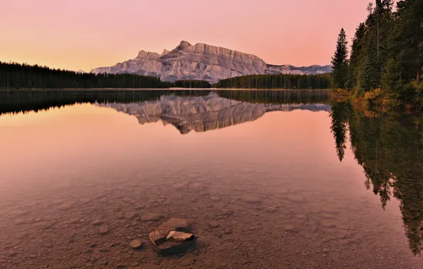 Картинка лес, горы, озеро, отражение, дно, Канада, Альберта, Banff National Park