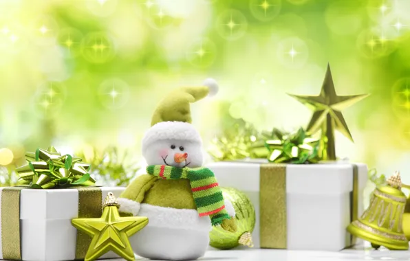 Звезды, шары, игрушки, Новый Год, зеленые, Рождество, подарки, снеговик