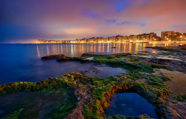 Картинка море, ночь, город, огни, побережье, Испания, Torrevieja