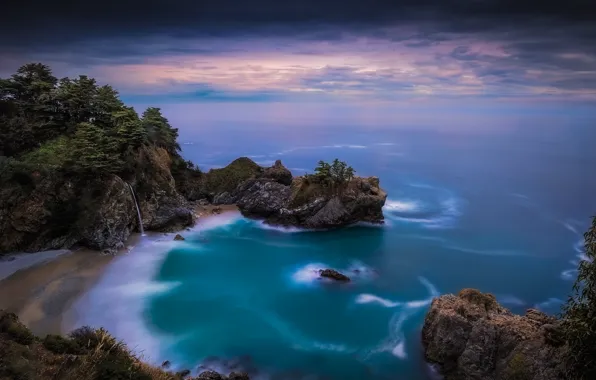 Картинка океан, скалы, побережье, водопад, Pacific Ocean, California, Тихий океан, Big Sur