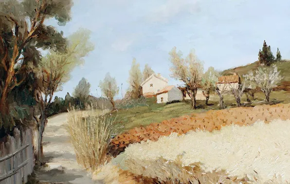 Картинка деревья, пейзаж, дом, забор, картина, холм, Марсель Диф, The Street at Arcy