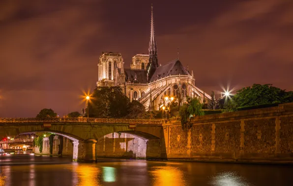 Небо, ночь, мост, Париж, фонари, канал, храм, Notre-Dame de Paris