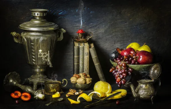 Ретро, стол, лимон, чай, яблоки, книги, свечи, чайник