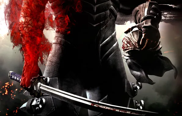 Картинка оружие, красное, кровь, меч, воин, шлем, броня, рубцы