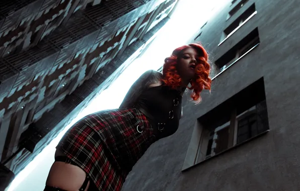 City, model, tattoo, women, redhead, hips, skirt, plaid skirt