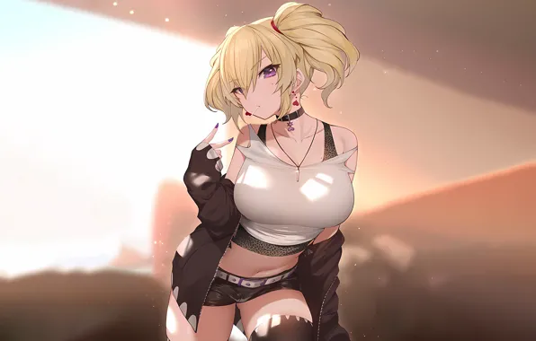 Girl, sexy, shorts, thighhighs, anime, beautiful, short hair, pretty