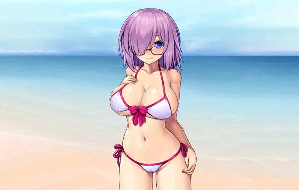 Girl, sexy, cleavage, sea, boobs, anime, beautiful, short hair